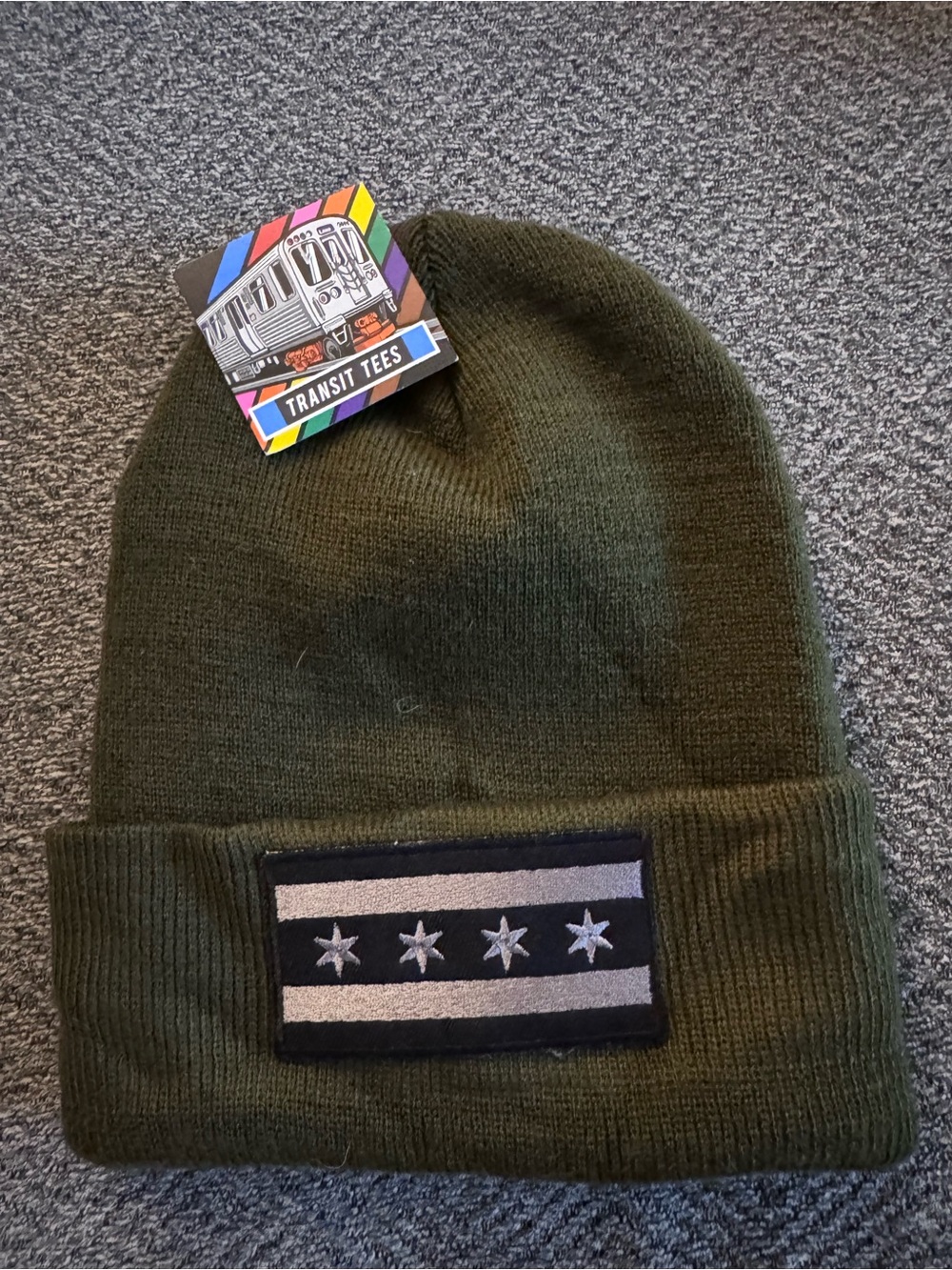 NWT Olive Green Chicago Flag Beanie Knit Hat Toque
